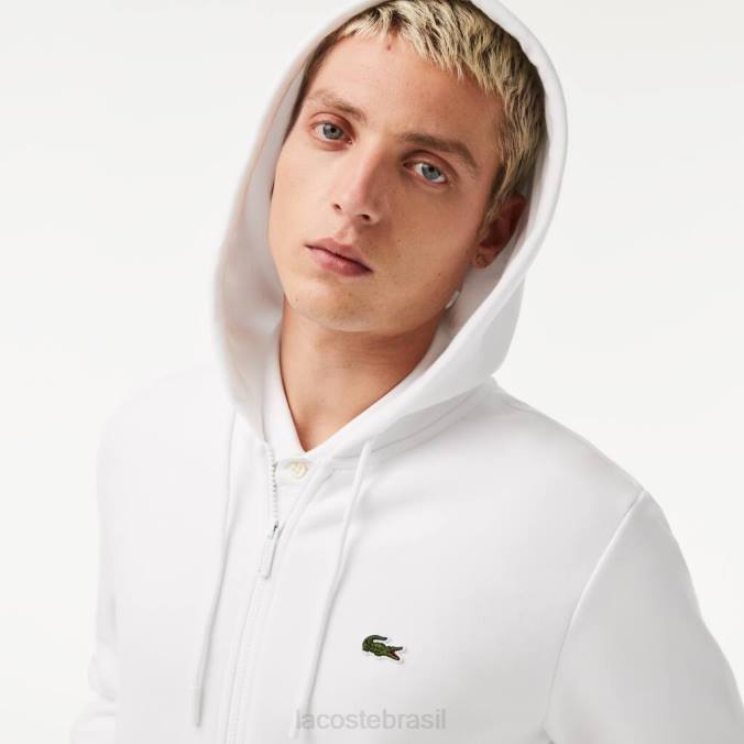 Lacoste homens moletom com bolso canguru e zíper branco P2PX295 roupas
