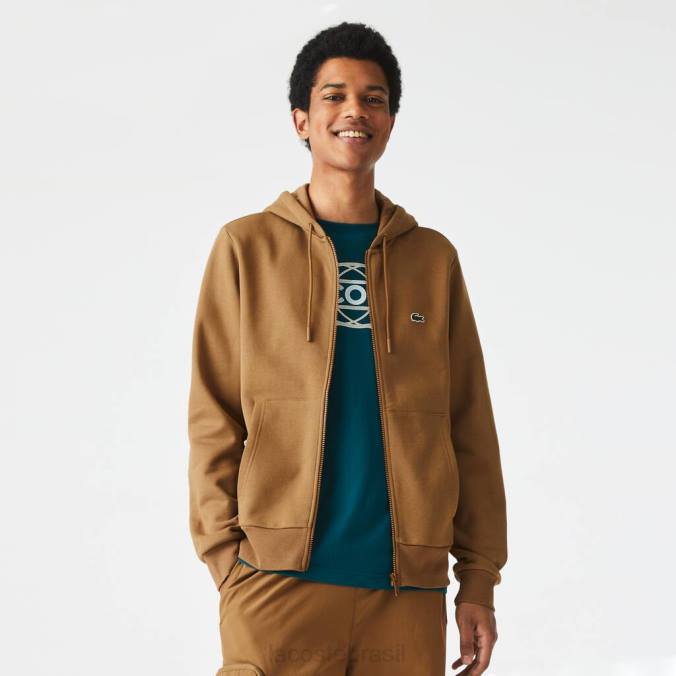 Lacoste homens moletom com bolso canguru e zíper marrom P2PX1176 roupas