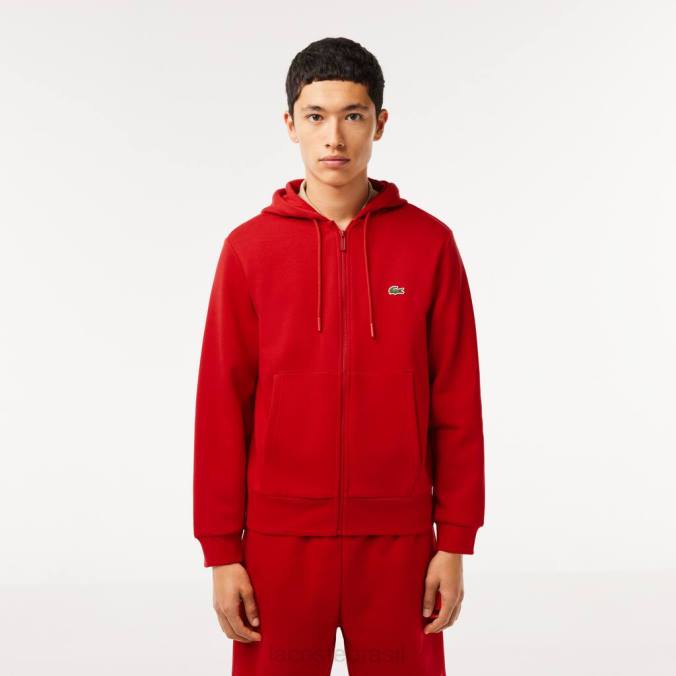 Lacoste homens moletom com bolso canguru e zíper vermelho P2PX1011 roupas