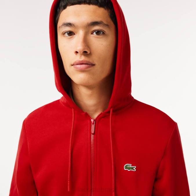 Lacoste homens moletom com bolso canguru e zíper vermelho P2PX1011 roupas