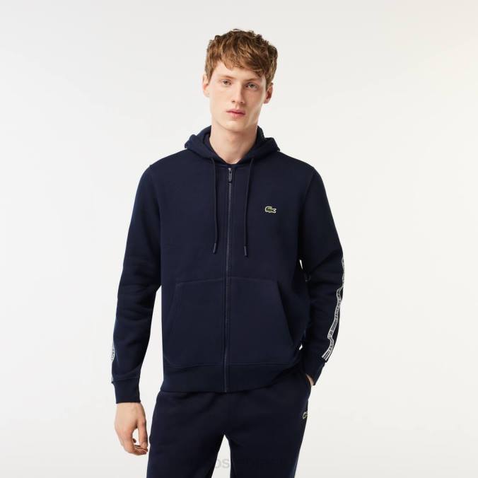 Lacoste homens moletom com capuz clássico com zíper e listras da marca azul-marinho P2PX14 roupas