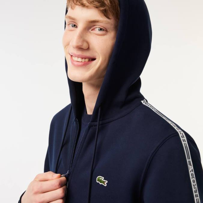Lacoste homens moletom com capuz clássico com zíper e listras da marca azul-marinho P2PX14 roupas