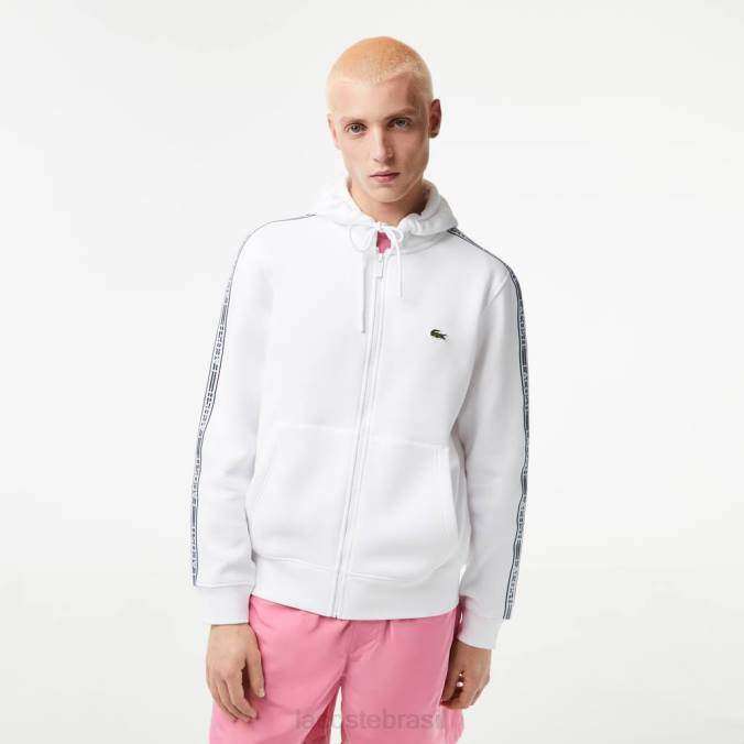 Lacoste homens moletom com capuz clássico com zíper e listras da marca branco P2PX12 roupas