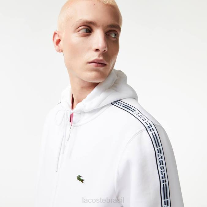 Lacoste homens moletom com capuz clássico com zíper e listras da marca branco P2PX12 roupas
