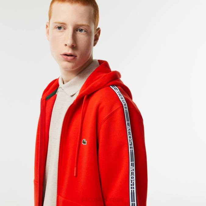 Lacoste homens moletom com capuz clássico com zíper e listras da marca vermelho P2PX15 roupas