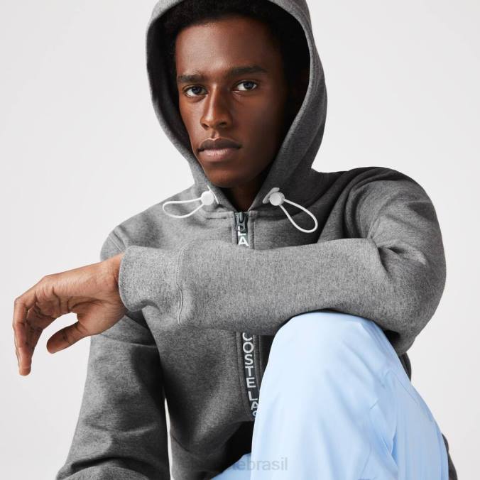 Lacoste homens moletom com capuz e mistura de algodão com zíper e letras chino cinza P2PX1178 roupas