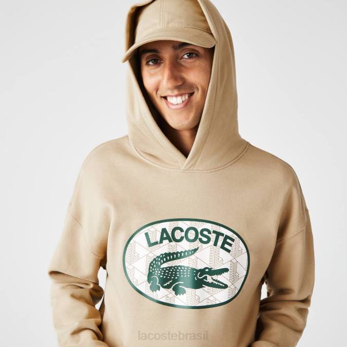 Lacoste homens moletom com capuz e monograma de marca folgado bege P2PX971 roupas
