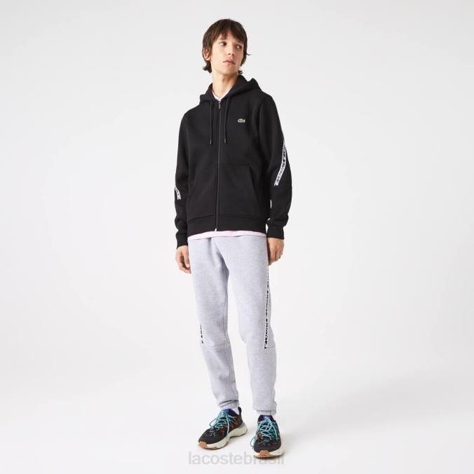 Lacoste homens moletom com capuz e zíper com faixas estampadas preto P2PX1240 roupas
