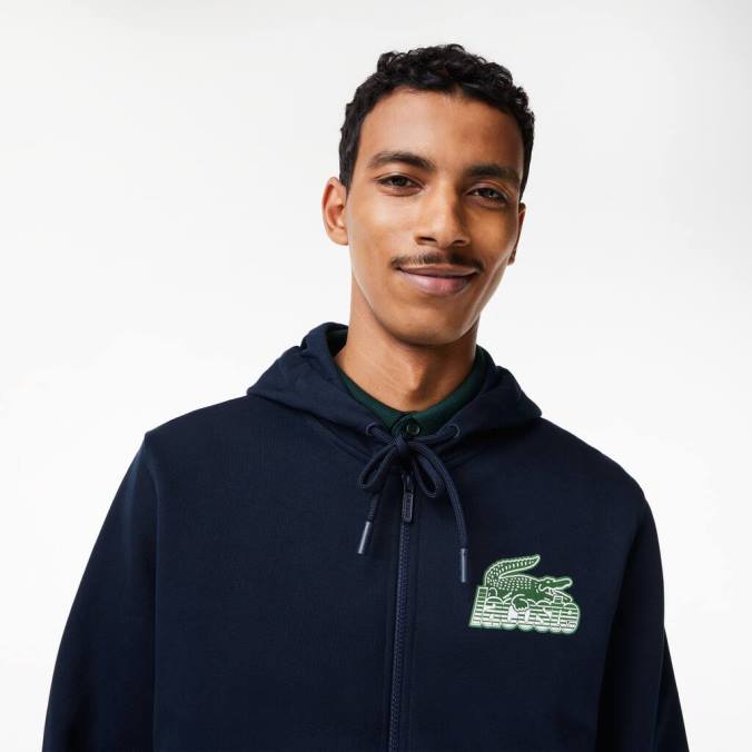 Lacoste homens moletom com capuz e zíper de lã não escovada azul-marinho P2PX320 roupas