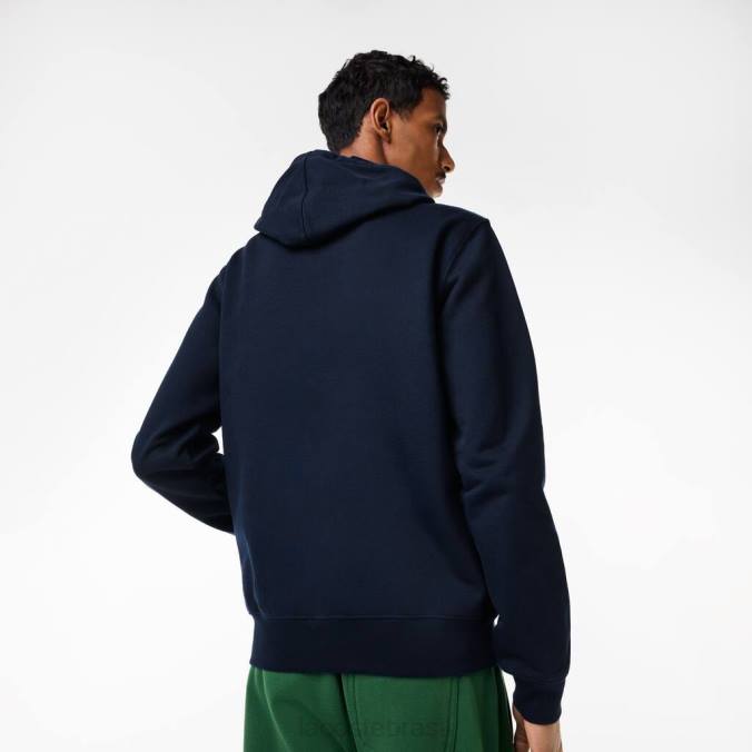 Lacoste homens moletom com capuz e zíper de lã não escovada azul-marinho P2PX320 roupas