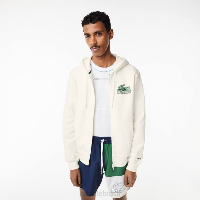 Lacoste homens moletom com capuz e zíper de lã não escovada branco P2PX319 roupas