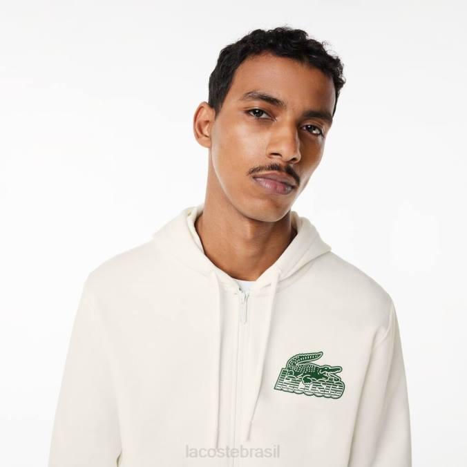 Lacoste homens moletom com capuz e zíper de lã não escovada branco P2PX319 roupas