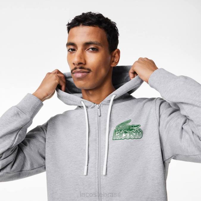 Lacoste homens moletom com capuz e zíper de lã não escovada chino cinza P2PX322 roupas