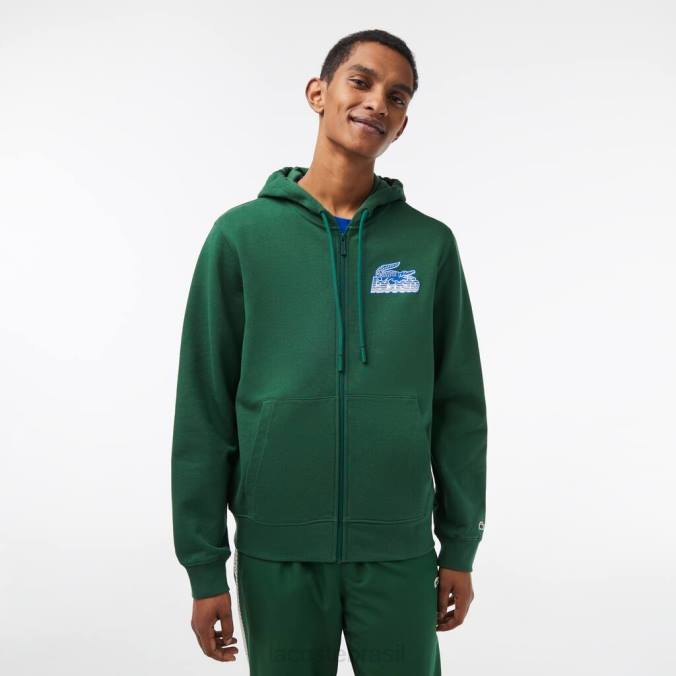 Lacoste homens moletom com capuz e zíper de lã não escovada verde P2PX321 roupas