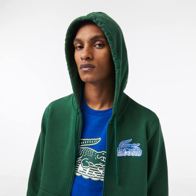 Lacoste homens moletom com capuz e zíper de lã não escovada verde P2PX321 roupas
