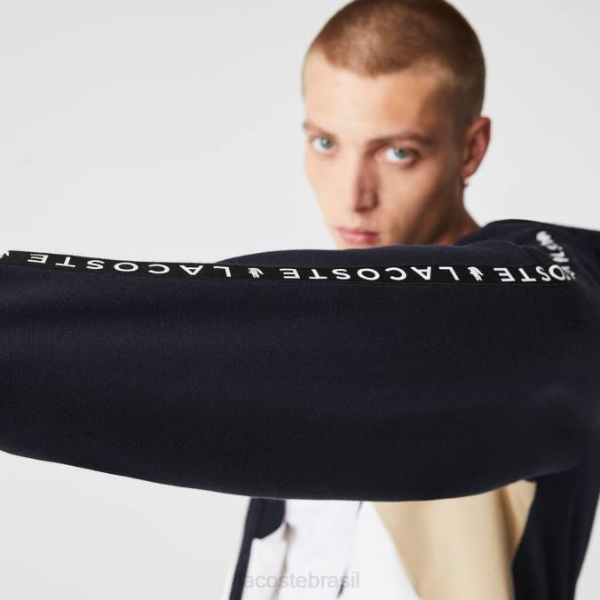 Lacoste homens moletom com capuz e zíper em lã com letras colorblock azul marinho/branco/bege P2PX997 roupas