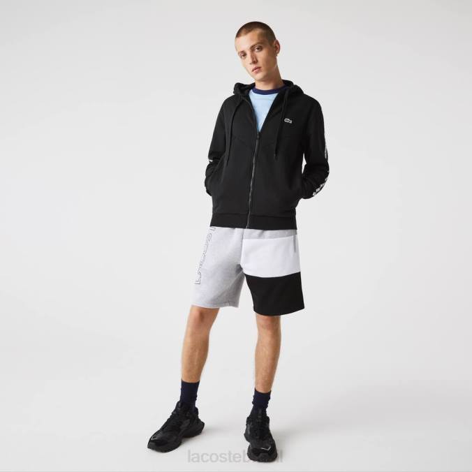 Lacoste homens moletom com capuz e zíper em lã com letras colorblock preto P2PX998 roupas