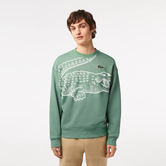 Lacoste homens moletom com estampa de crocodilo e gola redonda verde cáqui P2PX361 roupas