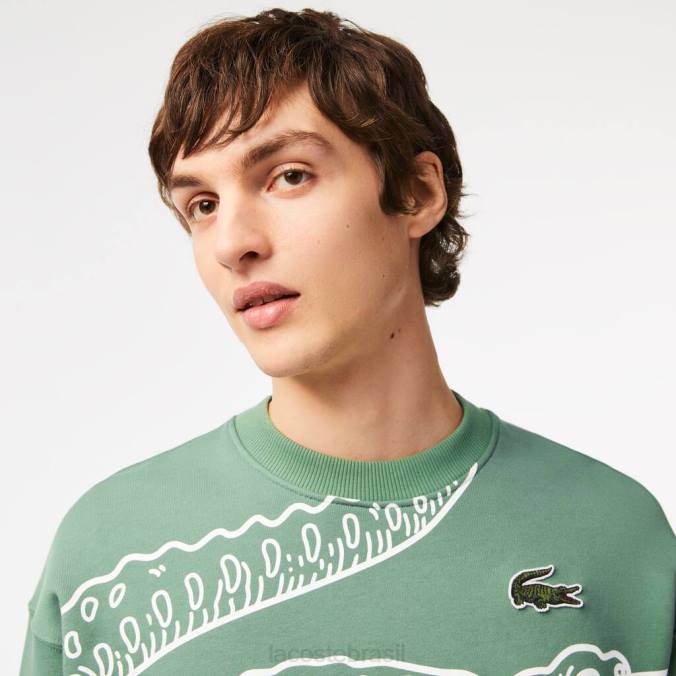 Lacoste homens moletom com estampa de crocodilo e gola redonda verde cáqui P2PX361 roupas