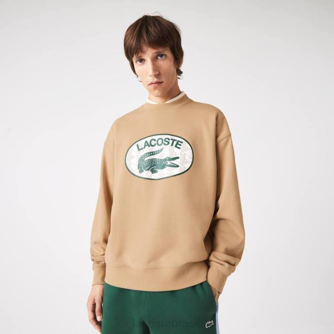 Lacoste homens moletom com estampa de monograma de marca folgado bege P2PX1009 roupas