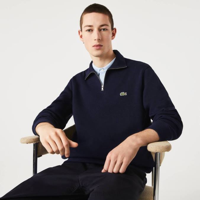 Lacoste homens moletom de algodão com gola alta e zíper azul-marinho P2PX951 roupas