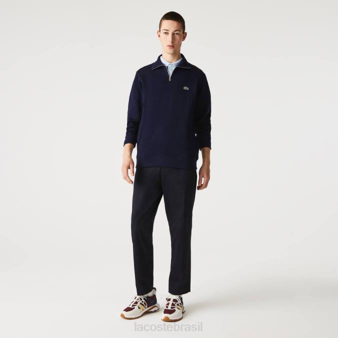 Lacoste homens moletom de algodão com gola alta e zíper azul-marinho P2PX951 roupas