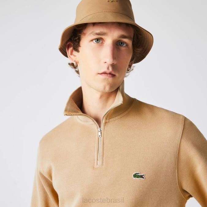 Lacoste homens moletom de algodão com gola alta e zíper bege P2PX957 roupas