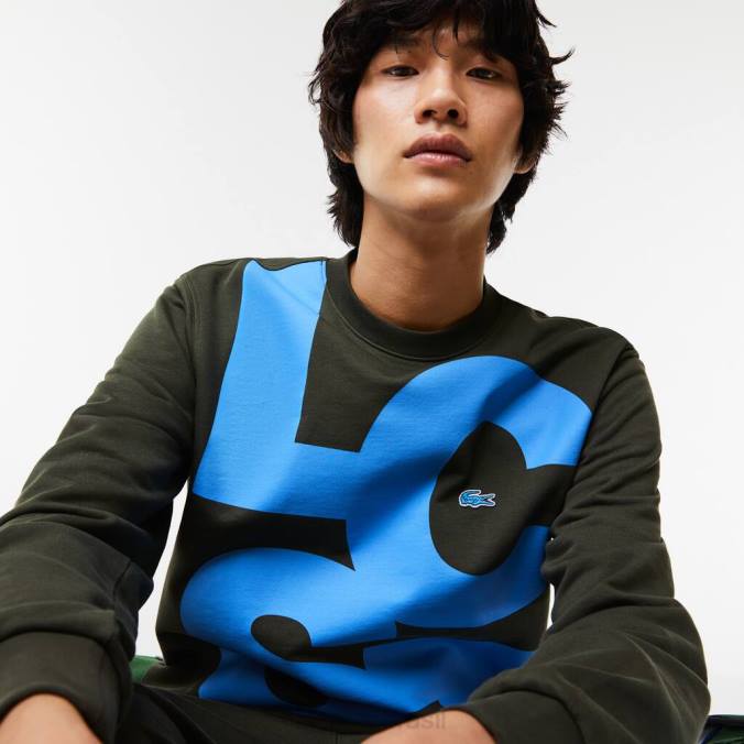 Lacoste homens moletom de algodão com letras contrastantes de ajuste clássico verde cáqui P2PX1041 roupas