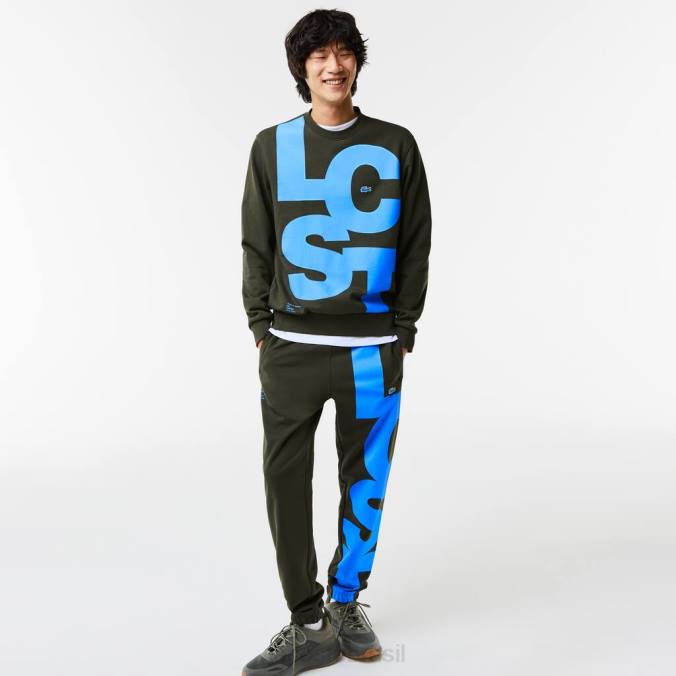 Lacoste homens moletom de algodão com letras contrastantes de ajuste clássico verde cáqui P2PX1041 roupas