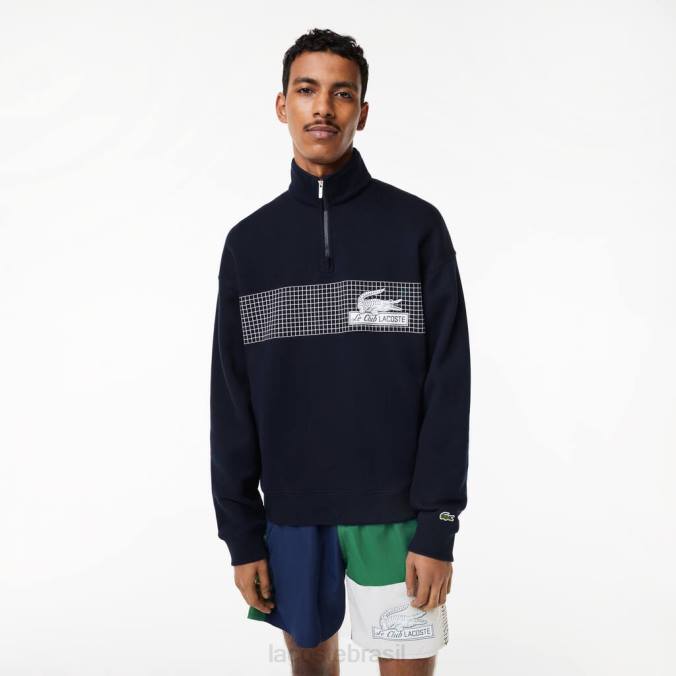 Lacoste homens moletom de algodão orgânico com ajuste solto e gola com zíper azul-marinho P2PX283 roupas