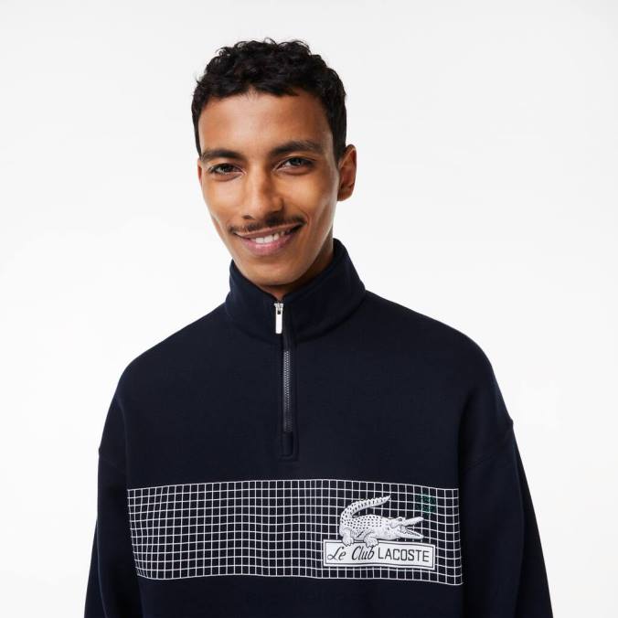 Lacoste homens moletom de algodão orgânico com ajuste solto e gola com zíper azul-marinho P2PX283 roupas