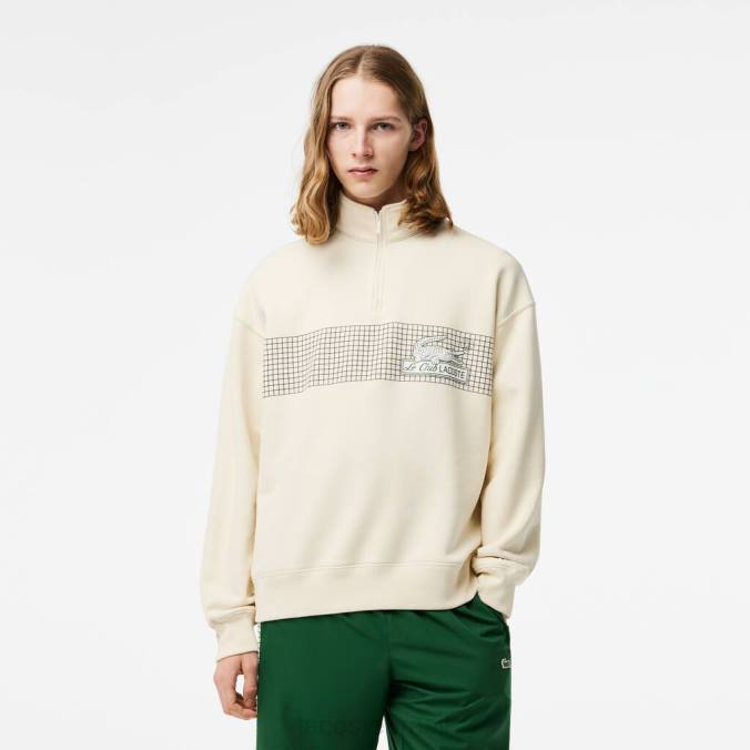 Lacoste homens moletom de algodão orgânico com ajuste solto e gola com zíper branco P2PX282 roupas