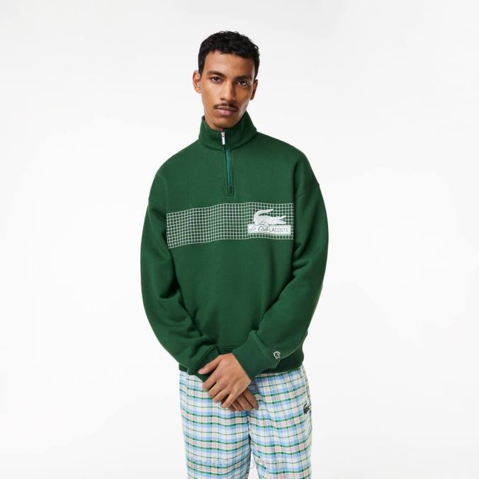 Lacoste homens moletom de algodão orgânico com ajuste solto e gola com zíper verde P2PX284 roupas