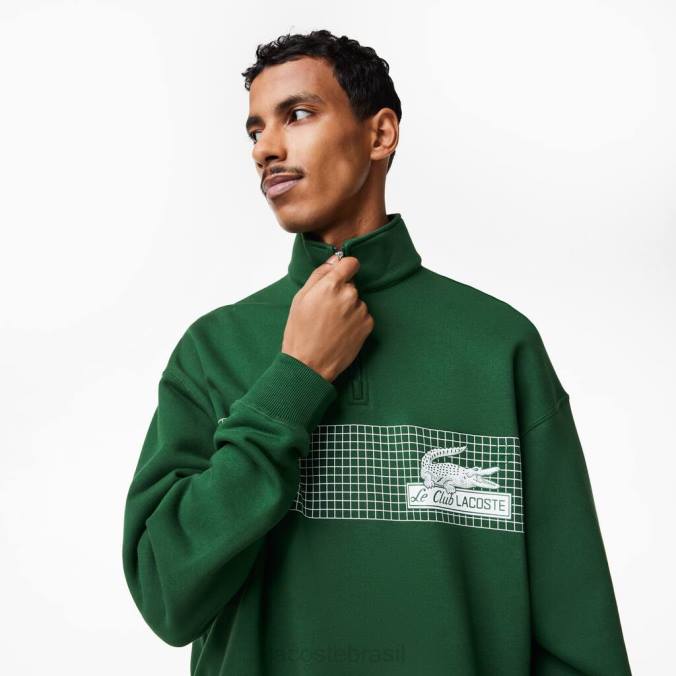 Lacoste homens moletom de algodão orgânico com ajuste solto e gola com zíper verde P2PX284 roupas