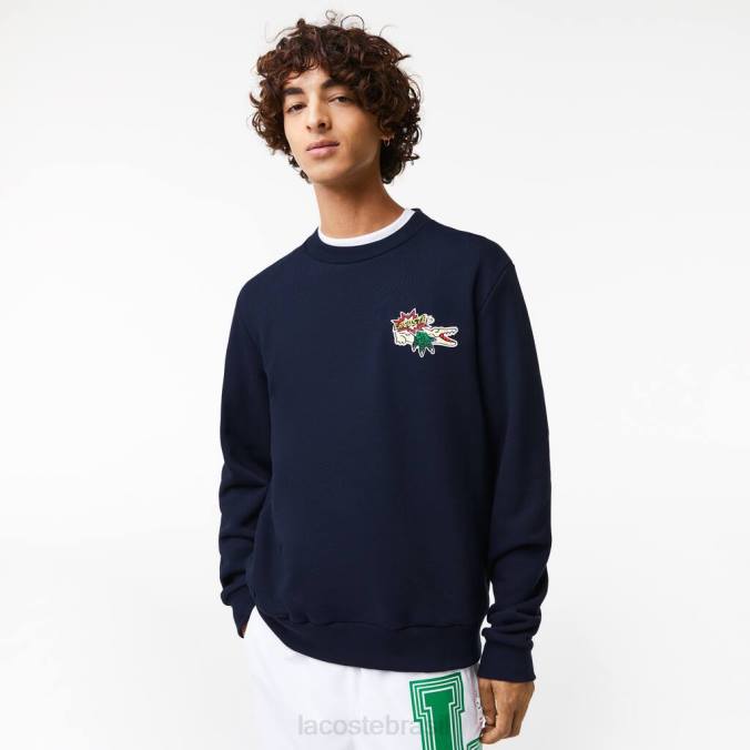 Lacoste homens moletom de algodão orgânico com emblema azul-marinho P2PX988 roupas