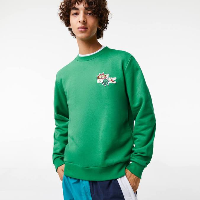 Lacoste homens moletom de algodão orgânico com emblema verde P2PX991 roupas