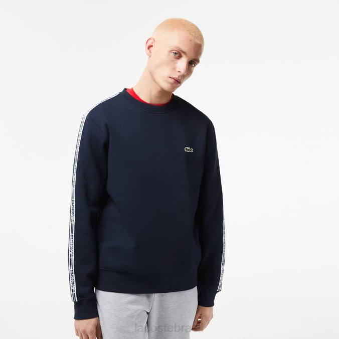 Lacoste homens moletom de flanela com listras de logo clássico fit azul-marinho P2PX291 roupas