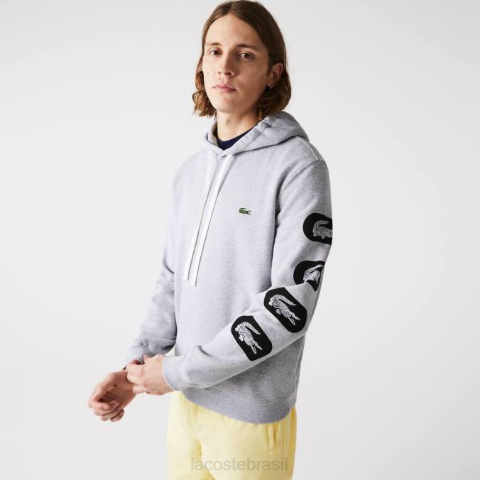Lacoste homens moletom de lã com manga estampada e capuz cinza P2PX1200 roupas