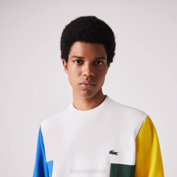 Lacoste homens moletom de lã de algodão colorblock com gola redonda branco/azul/amarelo/verde P2PX1159 roupas