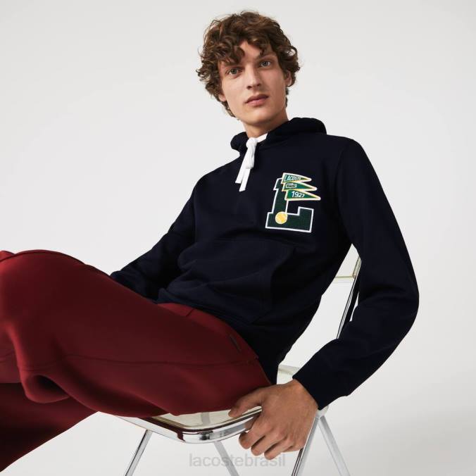 Lacoste homens moletom de lã de algodão com capuz e emblema galhardetes l azul-marinho P2PX1100 roupas