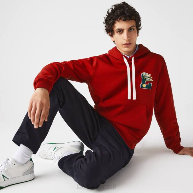 Lacoste homens moletom de lã de algodão com capuz e emblema galhardetes l vermelho P2PX1101 roupas