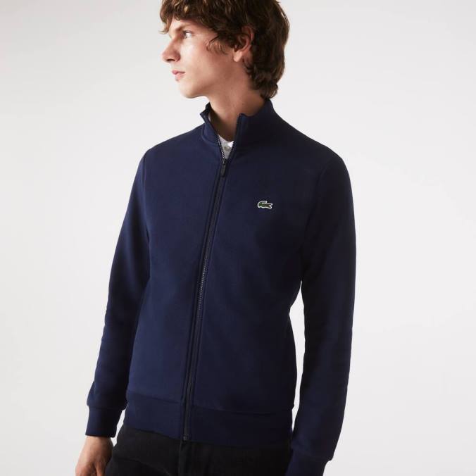 Lacoste homens moletom de lã escovada com zíper e ajuste regular azul-marinho P2PX1270 roupas