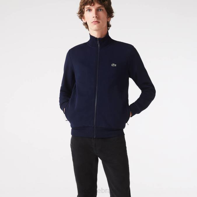 Lacoste homens moletom de lã escovada com zíper e ajuste regular azul-marinho P2PX1270 roupas