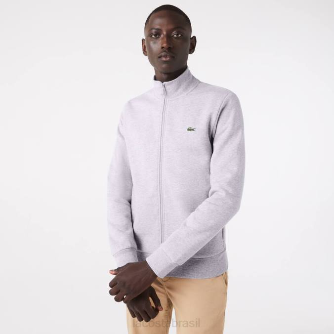 Lacoste homens moletom de lã escovada com zíper e ajuste regular chino cinza P2PX1272 roupas