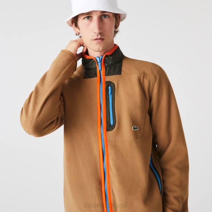 Lacoste homens moletom de lã polar com ajuste relaxado e zíper marrom/verde cáqui P2PX979 roupas
