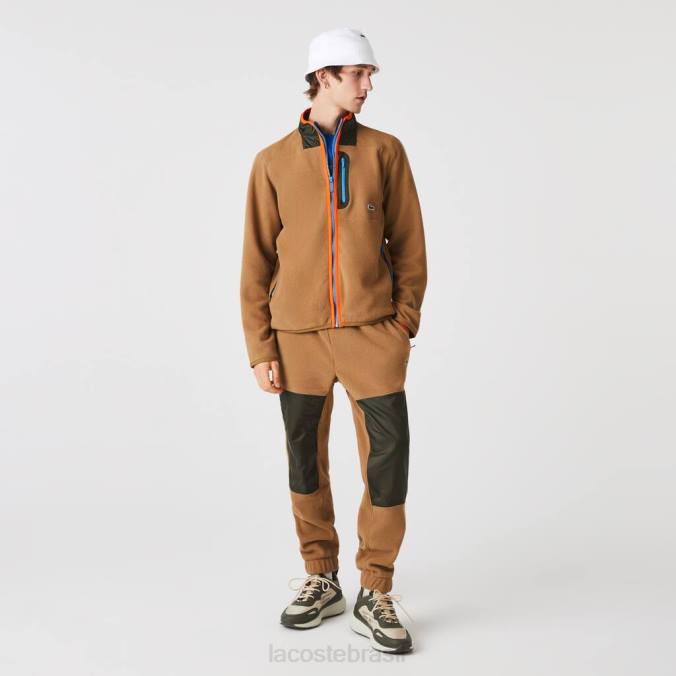 Lacoste homens moletom de lã polar com ajuste relaxado e zíper marrom/verde cáqui P2PX979 roupas