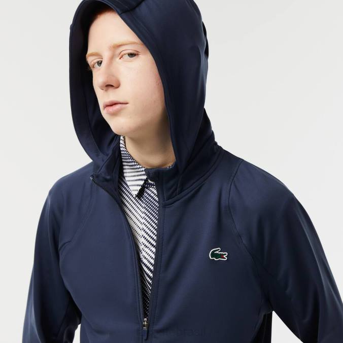Lacoste homens moletom esportivo com capuz e gola alta com zíper azul P2PX335 roupas