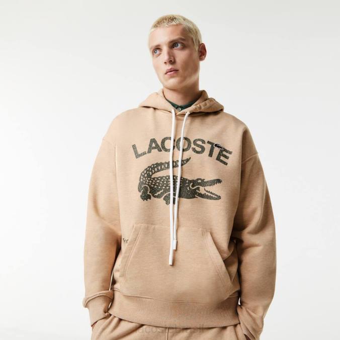 Lacoste homens moletom folgado com capuz de crocodilo bege P2PX968 roupas