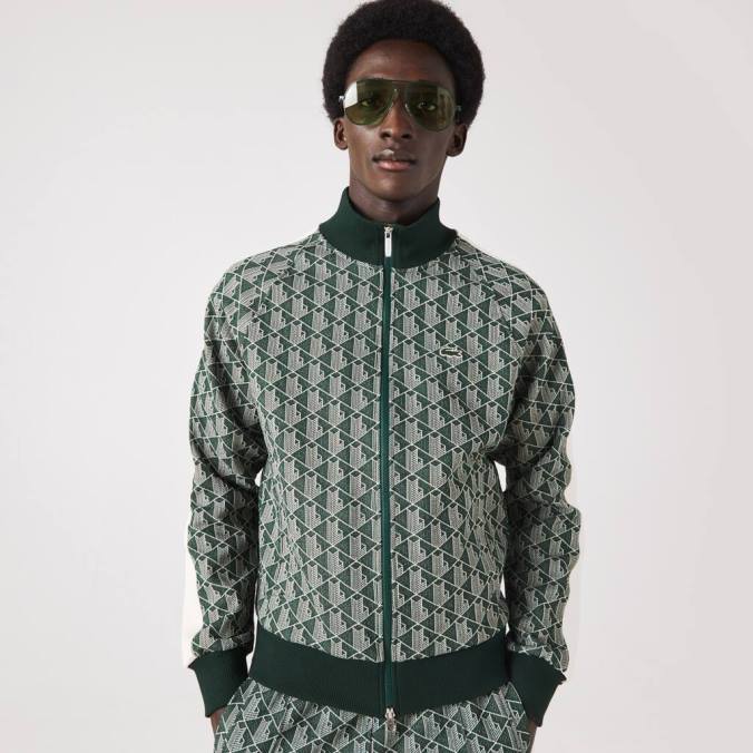 Lacoste homens moletom regular fit com estampa monograma e zíper verde/bege P2PX276 roupas