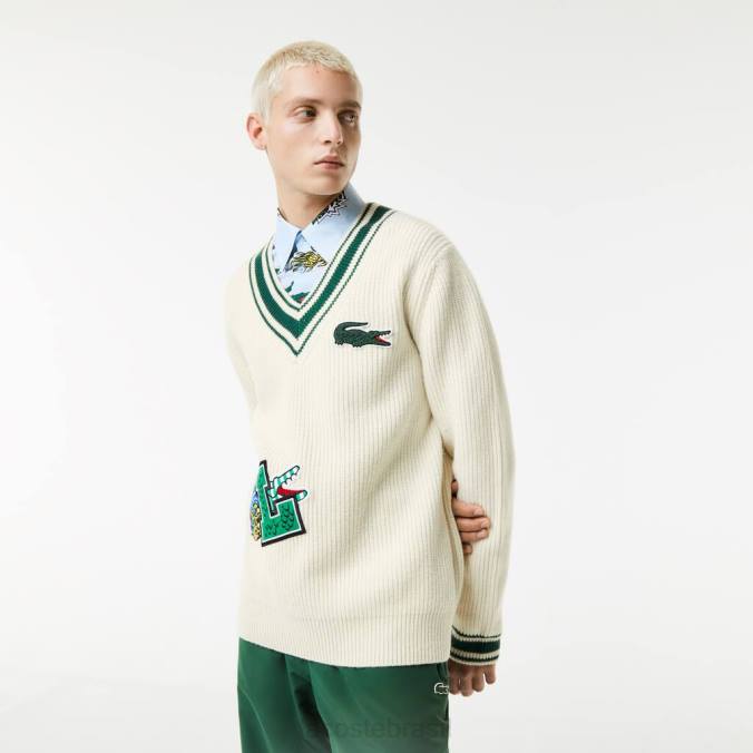 Lacoste homens suéter com emblema em quadrinhos Branco Verde P2PX1377 roupas